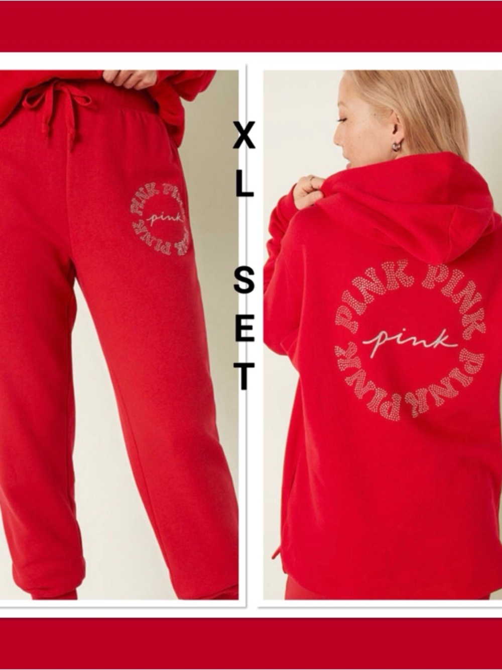 NWT VS PINK RHINESTONE Red Hoodie & Sweatpants Set